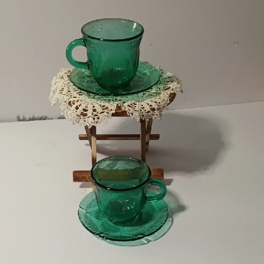 Green Glass Teacup and Saucer Set